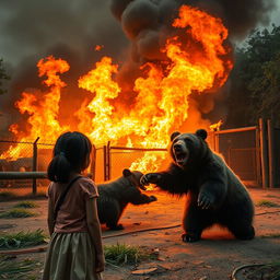 A dramatic scene of a zoo on fire with flames and smoke rising