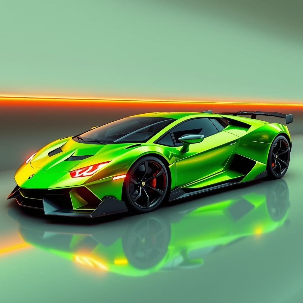 A futuristic neon green sport hyper car with a long sleek design, similar to a Lamborghini Aventador and a Pagani