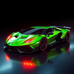 A futuristic neon green sport hyper car with a long sleek design, similar to a Lamborghini Aventador and a Pagani