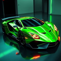 A futuristic neon green sport hyper car with a long sleek design, similar to a Lamborghini Aventador and a Pagani