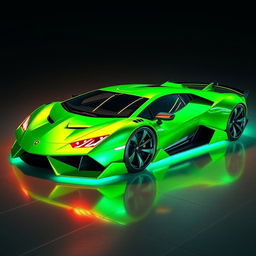 A futuristic neon green sport hyper car with a long sleek design, similar to a Lamborghini Aventador and a Pagani