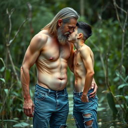 Create an image of a tall, skinny, and lean mature father with a beard, visible rib cage, and defined obliques