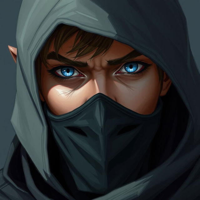 A detailed portrait of a half-elf rogue with piercing blue eyes