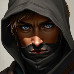 A detailed portrait of a half-elf rogue with piercing blue eyes and slightly tanned skin