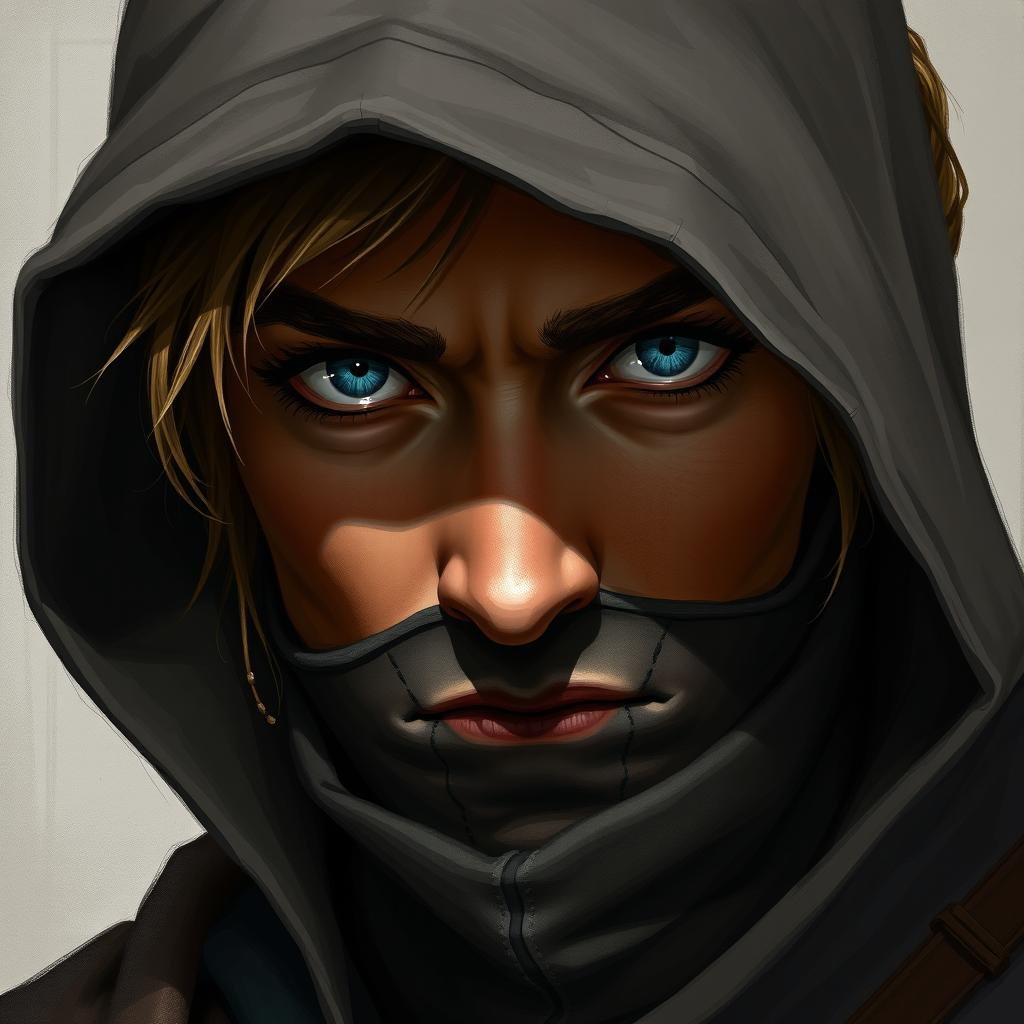 A detailed portrait of a half-elf rogue with piercing blue eyes and slightly tanned skin