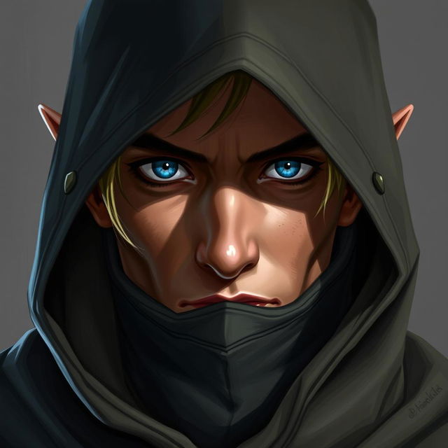 A detailed portrait of a half-elf rogue with piercing blue eyes and slightly tanned skin