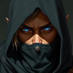 A detailed portrait of a half-elf rogue with piercing blue eyes and slightly tanned skin