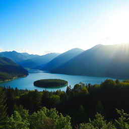 A beautiful landscape featuring a serene lake surrounded by lush green trees and mountains in the background