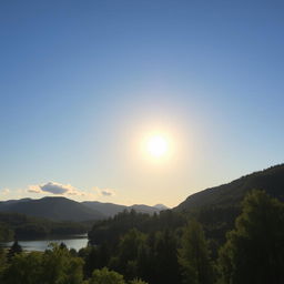 A beautiful landscape featuring a serene lake surrounded by lush green trees and mountains in the background