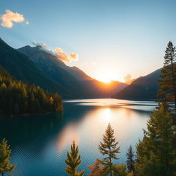 A beautiful landscape featuring a serene lake surrounded by lush green trees and mountains in the background