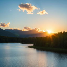 A beautiful landscape featuring a serene lake surrounded by lush green trees and mountains in the background