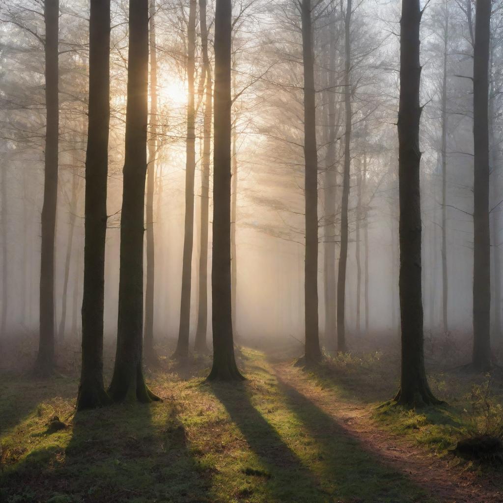 Stunning, hyper-realistic image of a tranquil forest at dawn, with the sun casting long shadows through the misty trees.