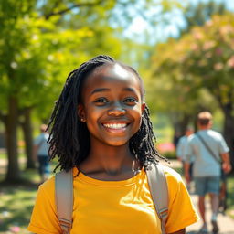 A beautiful black girl with a radiant smile, wearing casual clothes, standing in a sunny park with trees and flowers in the background