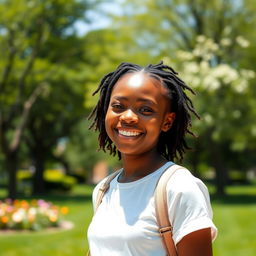 A beautiful black girl with a radiant smile, wearing casual clothes, standing in a sunny park with trees and flowers in the background