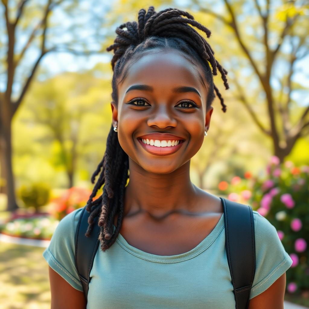 A beautiful black girl with a radiant smile, wearing casual clothes, standing in a sunny park with trees and flowers in the background