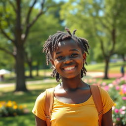 A beautiful black girl with a radiant smile, wearing casual clothes, standing in a sunny park with trees and flowers in the background