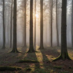 Stunning, hyper-realistic image of a tranquil forest at dawn, with the sun casting long shadows through the misty trees.