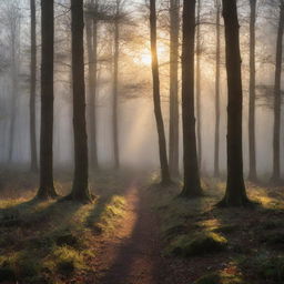 Stunning, hyper-realistic image of a tranquil forest at dawn, with the sun casting long shadows through the misty trees.