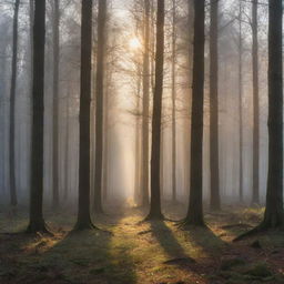 Stunning, hyper-realistic image of a tranquil forest at dawn, with the sun casting long shadows through the misty trees.