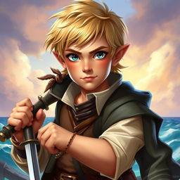 A 30-year-old male halfling with short blonde hair, dressed like a swashbuckler