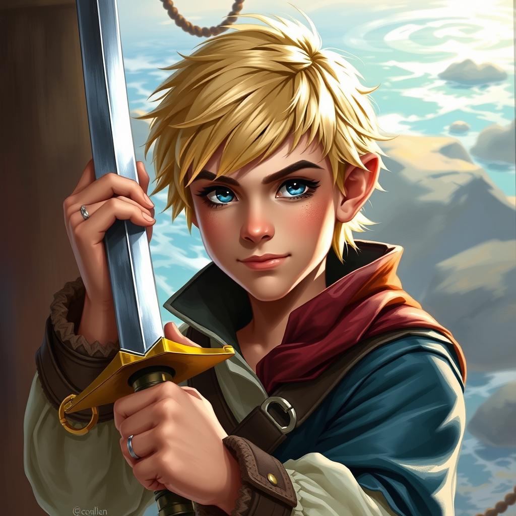 A 30-year-old male halfling with short blonde hair, dressed like a swashbuckler