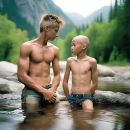 A smooth, hairless, skinny 16-year-old son with no beard is laying on a rock by a mountain stream, shirtless and wearing ripped jean shorts, showcasing his obliques and rib cage