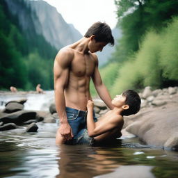 A smooth, hairless, skinny 16-year-old son with no beard is laying on a rock by a mountain stream, shirtless and wearing ripped jean shorts, showcasing his obliques and rib cage