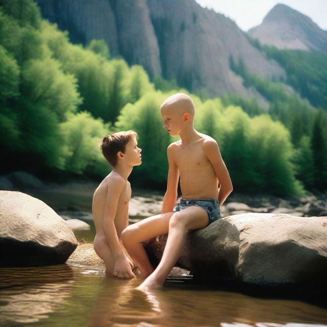 A smooth, hairless, skinny 16-year-old son with no beard is laying on a rock by a mountain stream, shirtless and wearing ripped jean shorts, showcasing his obliques and rib cage