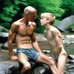 A smooth, hairless, skinny 16-year-old son with no beard is laying on a rock by a mountain stream, shirtless and wearing ripped jean shorts, showcasing his obliques and rib cage