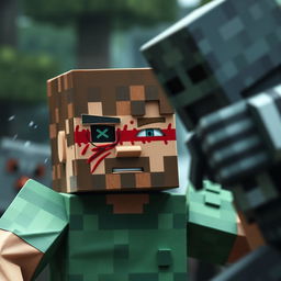 Minecraft Steve being hit by a Warden, Steve should appear bruised and injured with scratches and a black eye