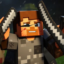 Minecraft Steve being hit by a Warden, Steve should appear bruised and injured with scratches and a black eye