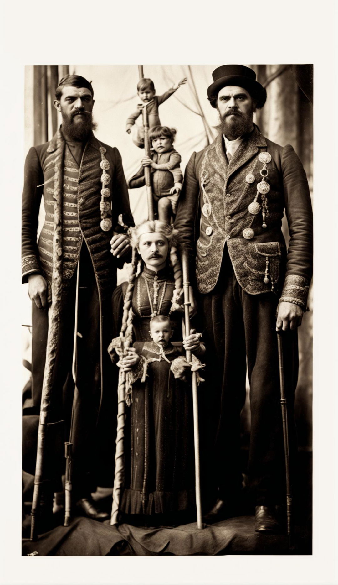 Sepia-toned 1800s family photograph featuring freak show performers including a bearded lady, a man on stilts, a fire-breather, a contortionist and a strongman.