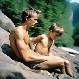 A smooth, hairless, skinny 16-year-old son with no beard is laying on a rock by a mountain stream, shirtless and wearing ripped jean shorts, showcasing his obliques and rib cage