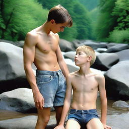 A smooth, hairless, skinny 16-year-old son with no beard is laying on a rock by a mountain stream, shirtless and wearing ripped jean shorts, showcasing his obliques and rib cage