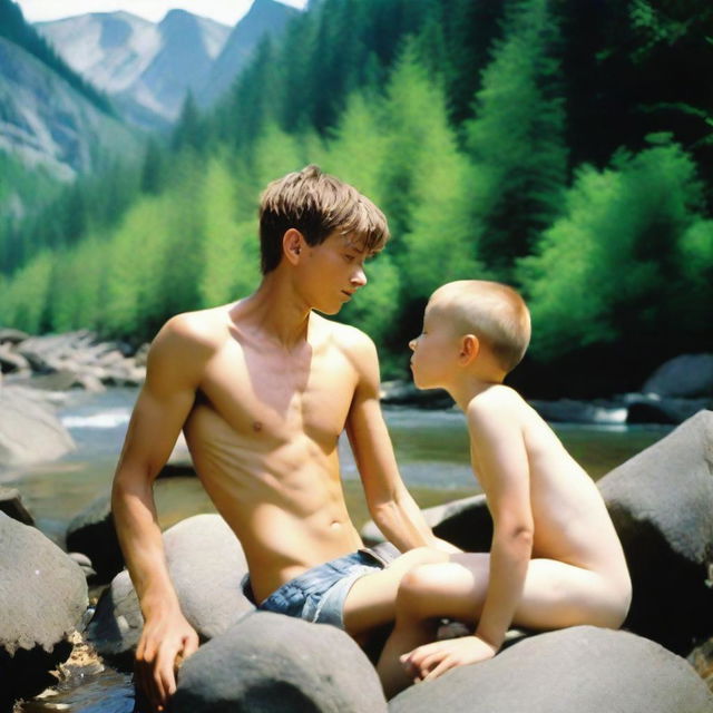 A smooth, hairless, skinny 16-year-old son with no beard is laying on a rock by a mountain stream, shirtless and wearing ripped jean shorts, showcasing his obliques and rib cage