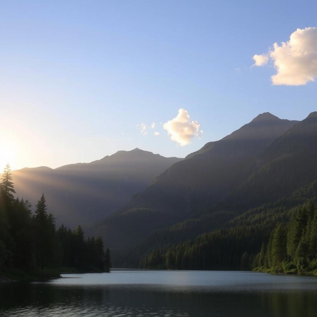 A serene landscape featuring a beautiful lake surrounded by lush green trees and mountains in the background