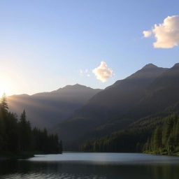 A serene landscape featuring a beautiful lake surrounded by lush green trees and mountains in the background