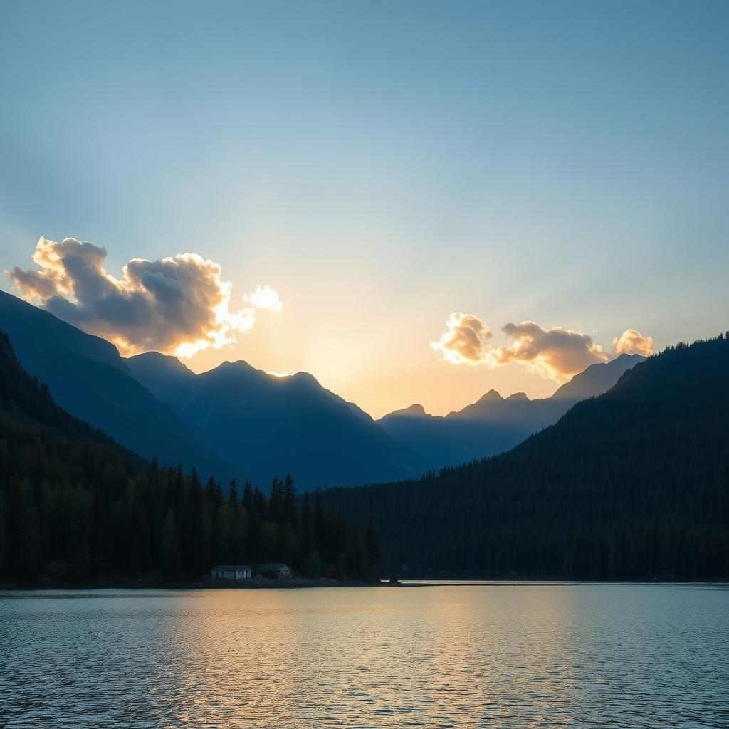 A serene landscape featuring a beautiful lake surrounded by lush green trees and mountains in the background