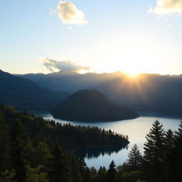 A serene landscape featuring a beautiful lake surrounded by lush green trees and mountains in the background