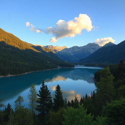 A serene landscape featuring a beautiful lake surrounded by lush green trees and mountains in the background