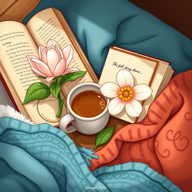 A detailed illustration of small, everyday objects that bring joy, such as a cup of coffee, a blooming flower, a book, and a cozy blanket