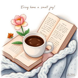 A detailed illustration of small, everyday objects that bring joy, such as a cup of coffee, a blooming flower, a book, and a cozy blanket