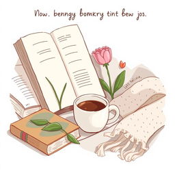 A detailed illustration of small, everyday objects that bring joy, such as a cup of coffee, a blooming flower, a book, and a cozy blanket