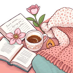 A detailed illustration of small, everyday objects that bring joy, such as a cup of coffee, a blooming flower, a book, and a cozy blanket