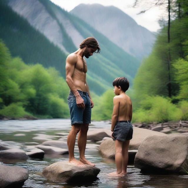 A tall, skinny, toothless father with a thin beard, standing shirtless by a mountain stream, looking down at his 16-year-old son who is lying face down on a rock