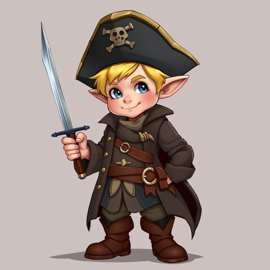 A 30-year-old male halfling with short blonde hair, dressed like a swashbuckler