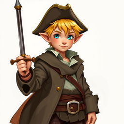 A 30-year-old male halfling with short blonde hair, dressed like a swashbuckler