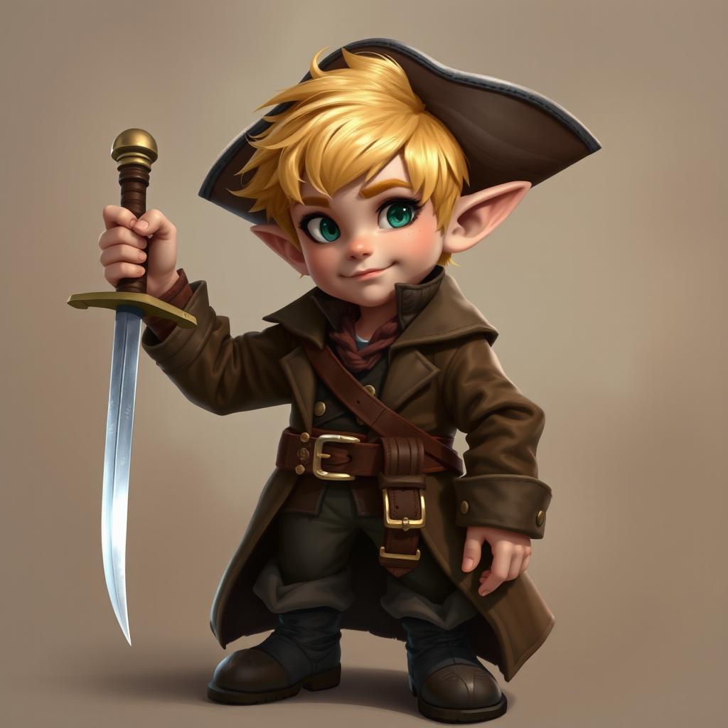 A 30-year-old male halfling with short blonde hair, dressed like a swashbuckler