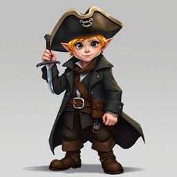 A 30-year-old male halfling with short blonde hair, dressed like a swashbuckler