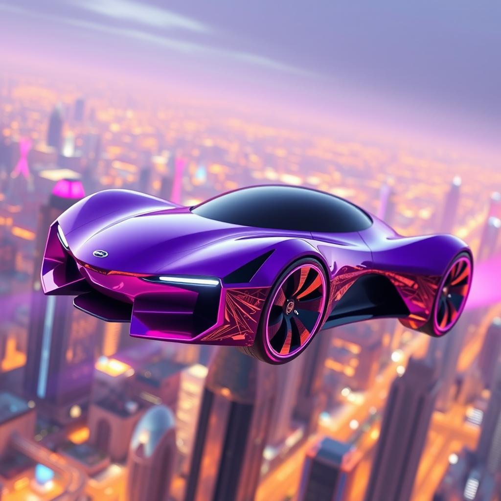 A futuristic neon purple flying sport hyper car with a long sleek design